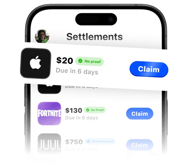 Claimed app showing active class action settlements for Apple, Fortnite, and JUUL with claim amounts and deadlines